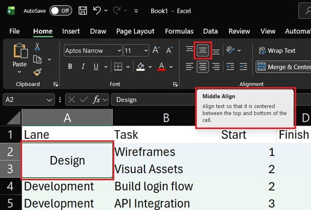 align text vertically in the center in a merged cell in Excel