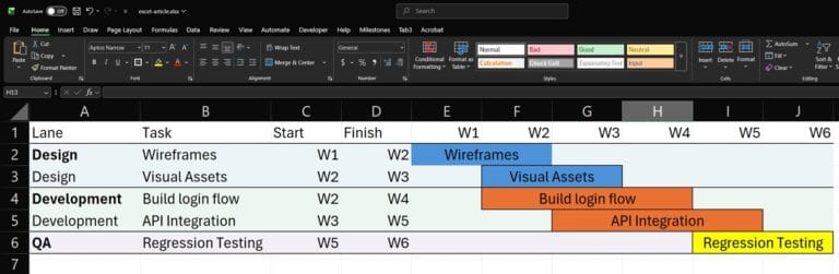 Make a swimlane in Excel