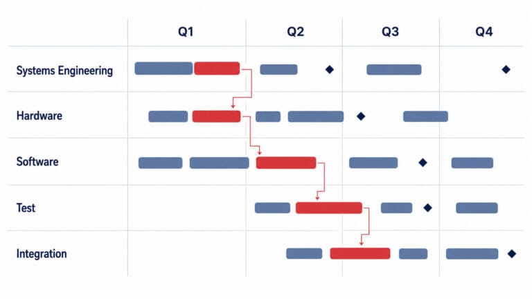 Program schedule with Systems Engineering, Hardware, Software, Test and Integration lanes, a red critical path linking all five.